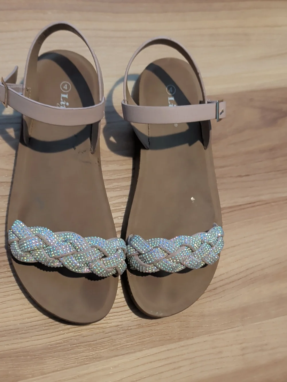 Braided Crystal Detail Beige Sandals, Big Girl Size 4